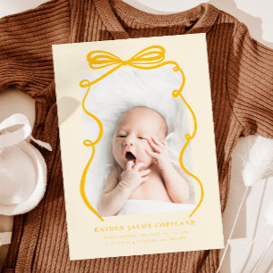 Yellow Doodle Bow Frame Birth Announcement Photo