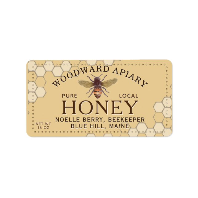 Yellow Dotted Border Honey Address Label with Bee (Front)