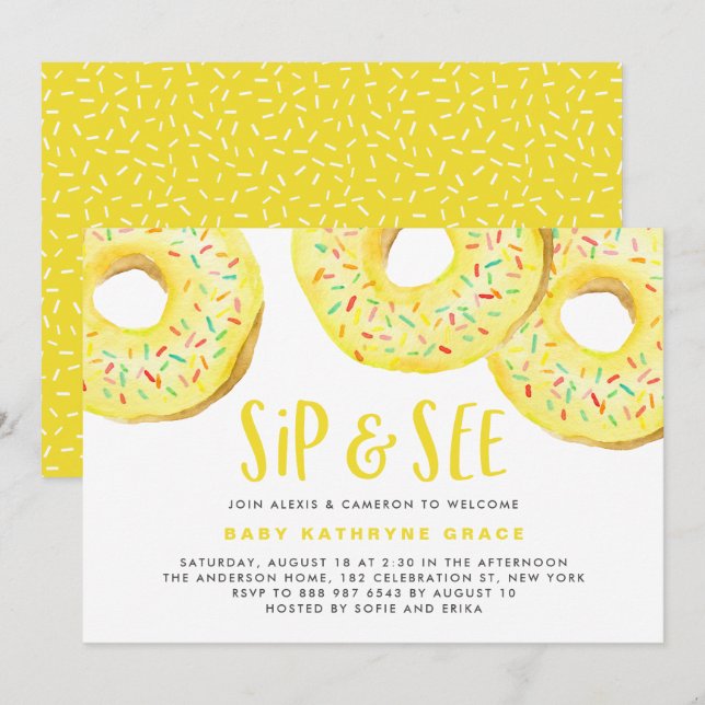 Yellow Doughnuts Sprinkles Baby Shower Sip and See Invitation (Front/Back)
