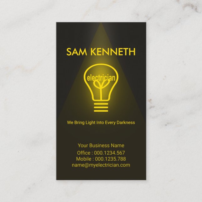 Yellow Down Light Electrician Yellow Light Bulb Business Card (Front)
