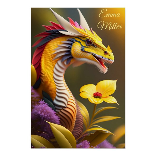 Yellow dragon, imaginative digital art poster (Front)