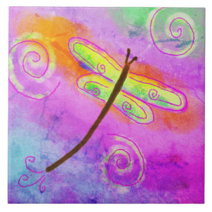 Yellow Dragonfly Abstract Digital Painting Tile