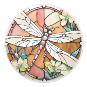 Yellow Dragonfly Art Nouveau Deco Stained Glass Ceramic Knob