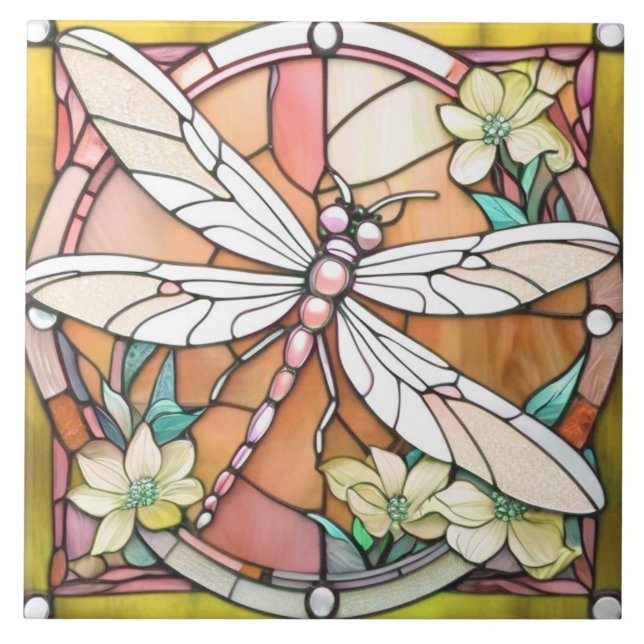 Yellow Dragonfly Art Nouveau Deco Stained Glass Tile (Front)