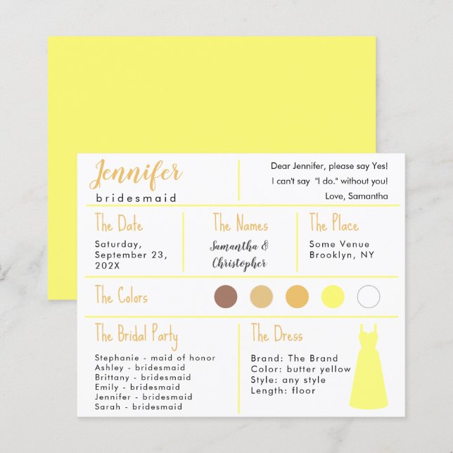Yellow Dress Colour Bridesmaid Information Card (Front/Back)