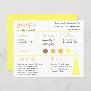 Yellow Dress Colour Bridesmaid Information Card