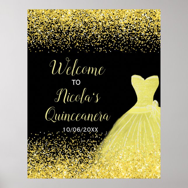 Yellow Dress Faux Glitter Quinceanera Welcome Poster (Front)