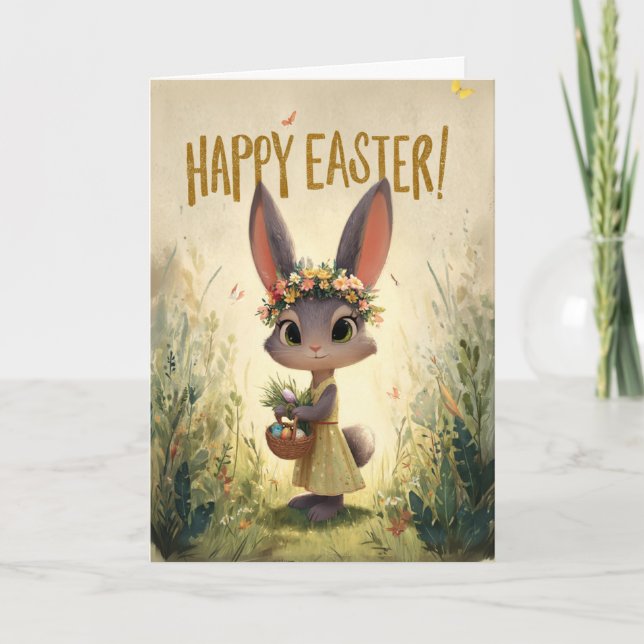 Yellow Dress Flower-Crown Bunny Easter Card (Front)