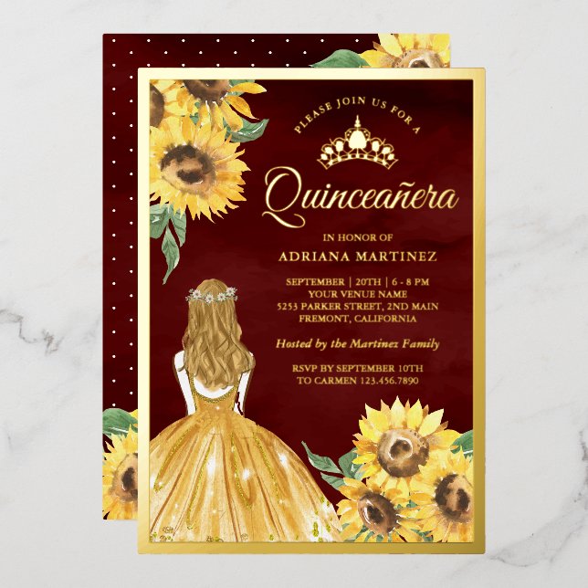 Yellow Dress Sunflowers Burgundy Quinceanera Gold (Front/Back)