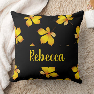 Yellow dry leaves custom name black cushion