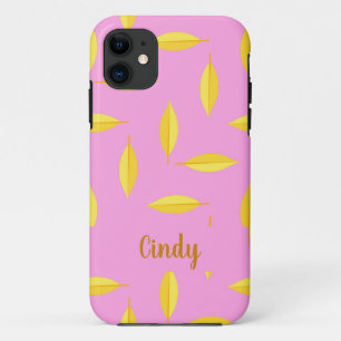 Yellow dry leaves custom name pink iPhone 11 case