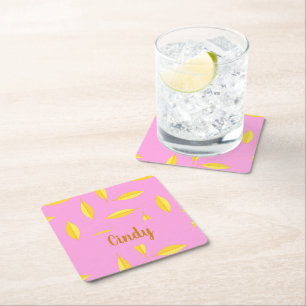 Yellow dry leaves custom name pink square paper coaster