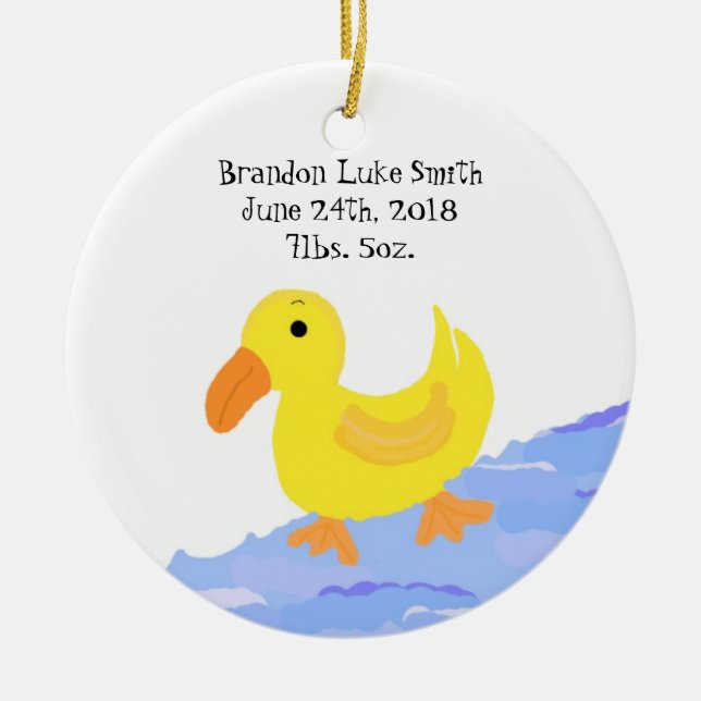 Yellow Duck Birth Announcement Ceramic Tree Decoration (Front)