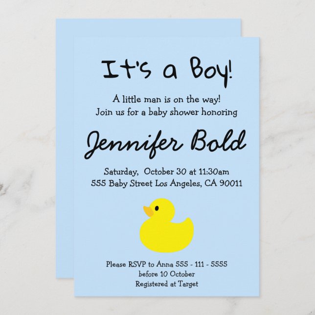 Yellow Duck Boy Baby Shower Invitation (Front/Back)