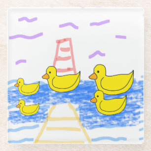 Yellow Duck Family Red Lighthouse Yellow Pier Glass Coaster