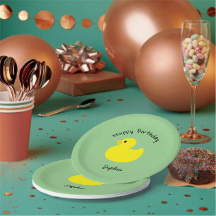 Yellow Duck Happy Birthday Green Colour Paper Plate