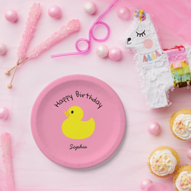 Yellow Duck Happy Birthday Pink Colour Paper Plate (Party)