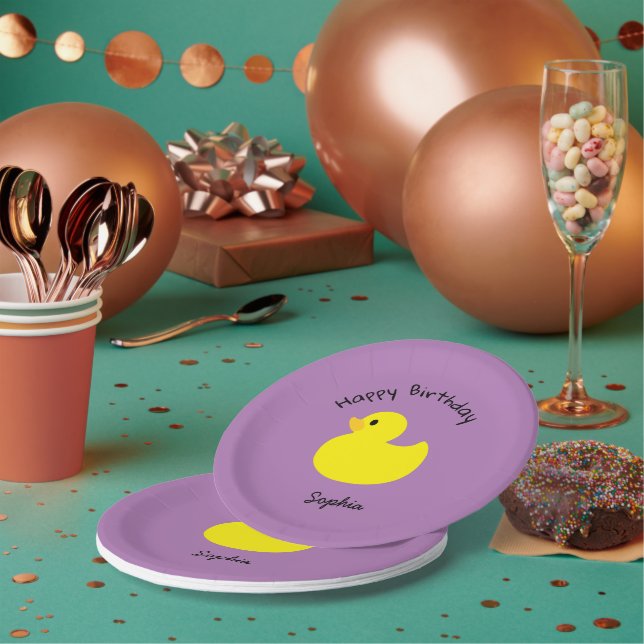 Yellow Duck Happy Birthday Violet Colour Paper Plate (Multi)