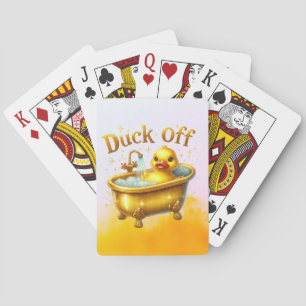 Yellow duck in bathtub playing cards