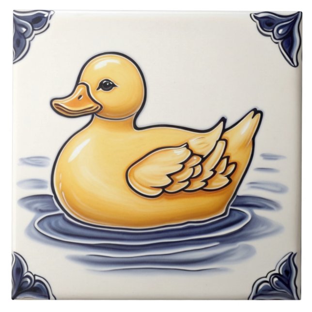 Yellow Duck Navy Dark Blue and White Tile (Front)