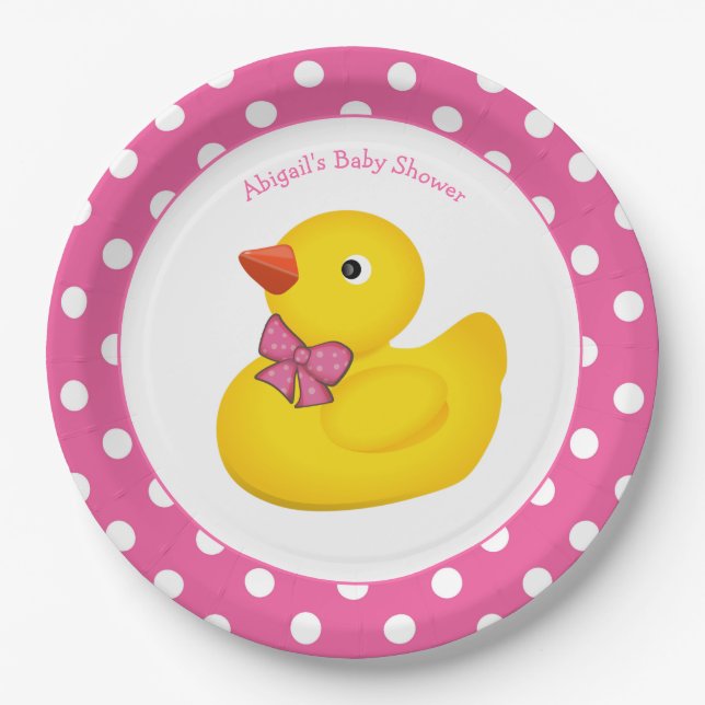 Yellow Duck Pink Polka Dot Baby Shower Paper Plate (Front)