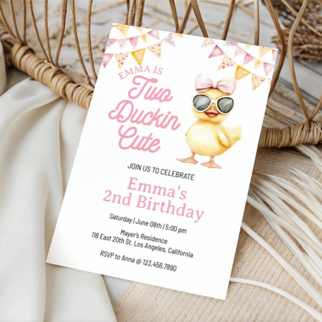 Yellow Duck Theme Two Duckin Cute 2nd Birthday Invitation (Editable Yellow Duck Birthday Invitation, Two Duckin Cute Yellow Duck 2nd Birthday Invite)