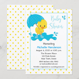Yellow Duck, Umbrella and Polka Dots Baby Shower Invitation