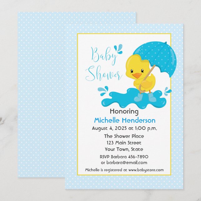 Yellow Duck, Umbrella, Blue Polka Dots Baby Shower Invitation (Front/Back)