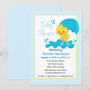 Yellow Duck, Umbrella, Blue Polka Dots Baby Shower Invitation