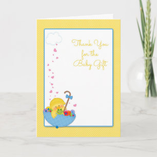 Yellow Duck, Umbrella, Hearts, Baby Gift Thank You Card