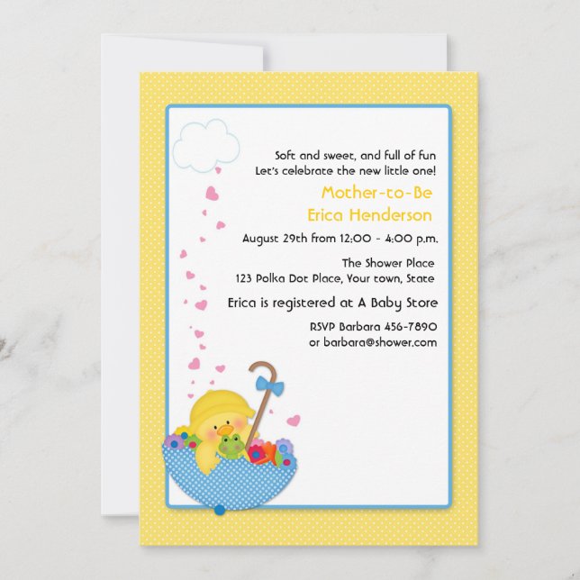 Yellow Duck, Umbrella, Hearts, Baby Shower Invitat Invitation (Front)
