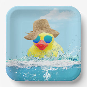 Yellow Duck with Sunglasses In Water Paper Plate