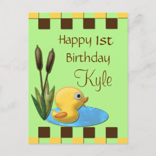 Yellow Duckie, Pond & Cattails 1st Birthday Postcard
