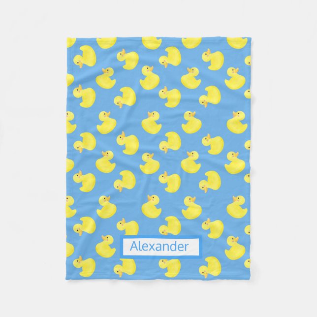 Yellow Duckies on a Blue Background Personalize Fleece Blanket (Front)