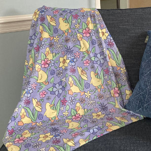Yellow Duckling Colourful Wildflowers Cute Kids Fleece Blanket