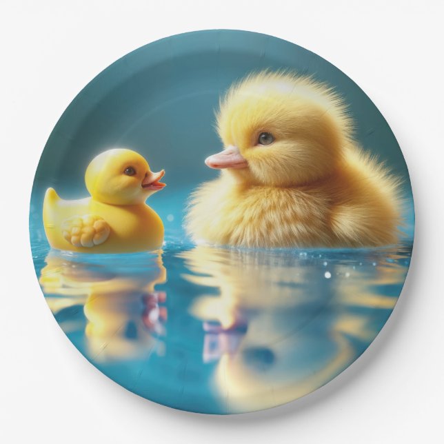 Yellow Duckling With a Toy Rubber Duck Paper Plate (Front)