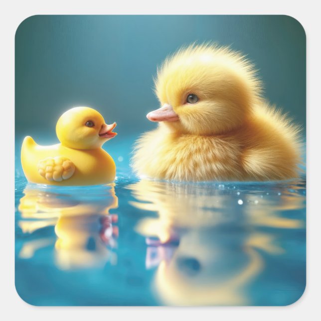 Yellow Duckling With a Toy Rubber Duck Square Sticker (Front)