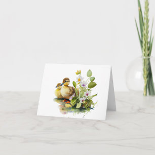 Yellow Ducklings with Flowers BLANK Card
