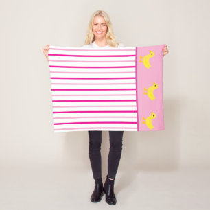 Yellow Ducks Pastel Bright Pink White Stripes Fleece Blanket