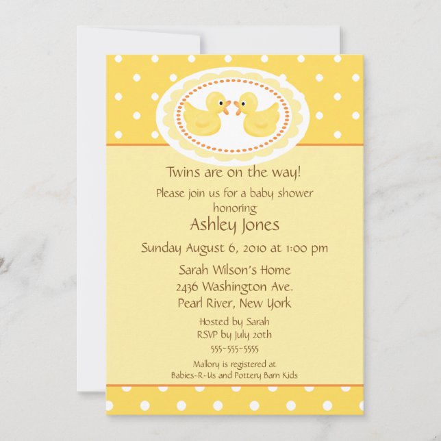 Yellow Ducks Twins Baby Shower Invitation (Front)