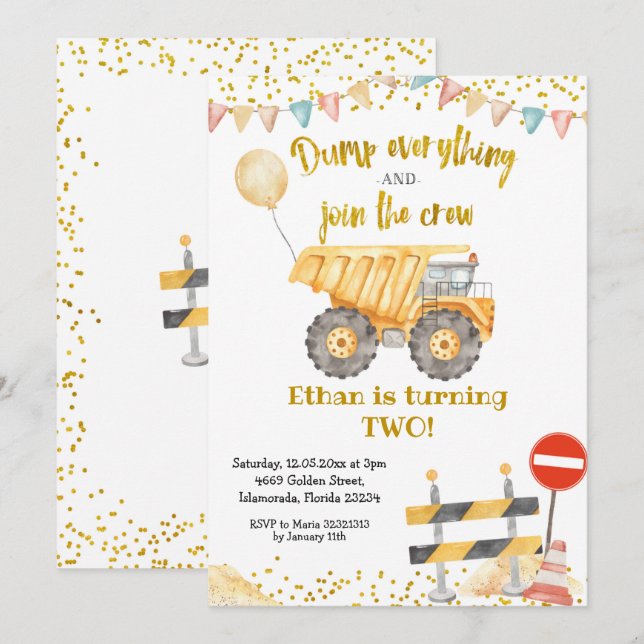 Yellow Dump Truck Boy Birthday Party Invitation (Front/Back)