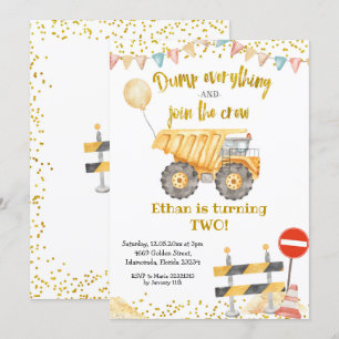 Yellow Dump Truck Boy Birthday Party Invitation