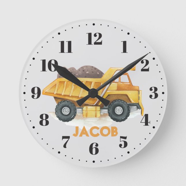Yellow Dump Truck Boys Bedroom Custom Name Round Clock (Front)