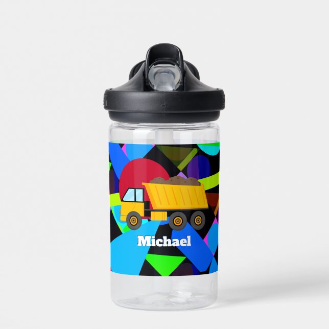 Yellow Dump Truck, Colourful Geometric Shapes, Nam Water Bottle (Front)