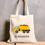 Yellow Dump Truck Kids Personalised Construction Tote Bag<br><div class="desc">This kids' tote bag features an illustration of a yellow dump truck. Personalise it with your child's name in black letters. Makes a great book bag!</div>