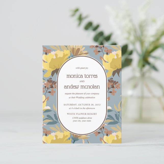 Yellow Dusky blue Brown Florals Vintage Wedding (Standing Front)