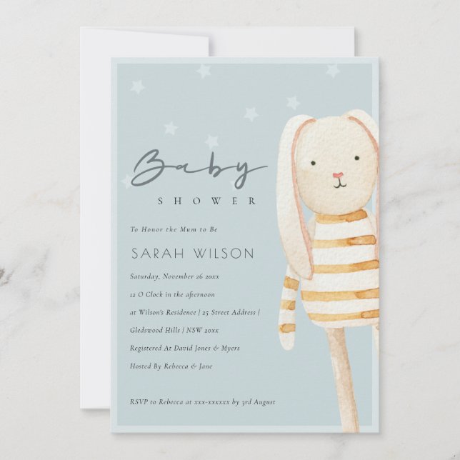 Yellow Dusky Blue Grey Bunny Baby Shower Invite (Front)