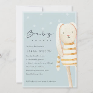 Yellow Dusky Blue Grey Bunny Baby Shower Invite