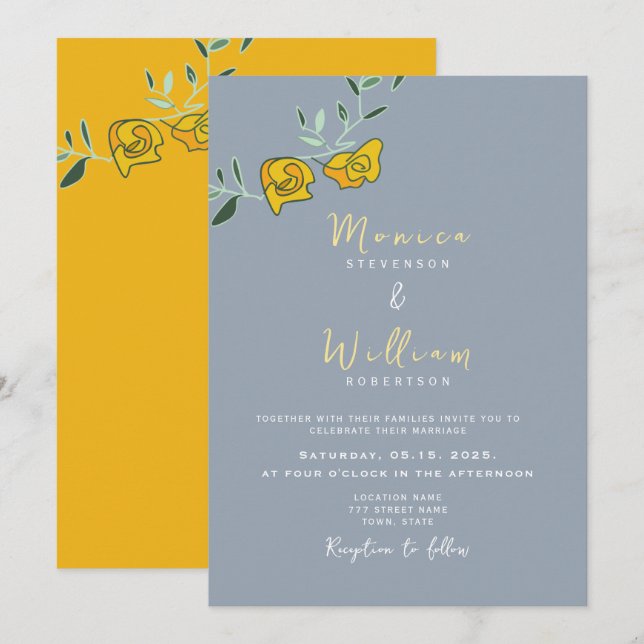 Yellow Dusty Blue Floral Wedding Invitation (Front/Back)