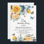 Yellow Dusty Blue Roses Butterflies 21st Birthday Invitation<br><div class="desc">21st birthday party invitation with beautiful yellow and dusty blue roses with cream-coloured floral and butterflies. These invitations can be customised for anyone of any age. Contact me for assistance with your customisations or to request additional matching or coordinating Zazzle products for your celebration.</div>